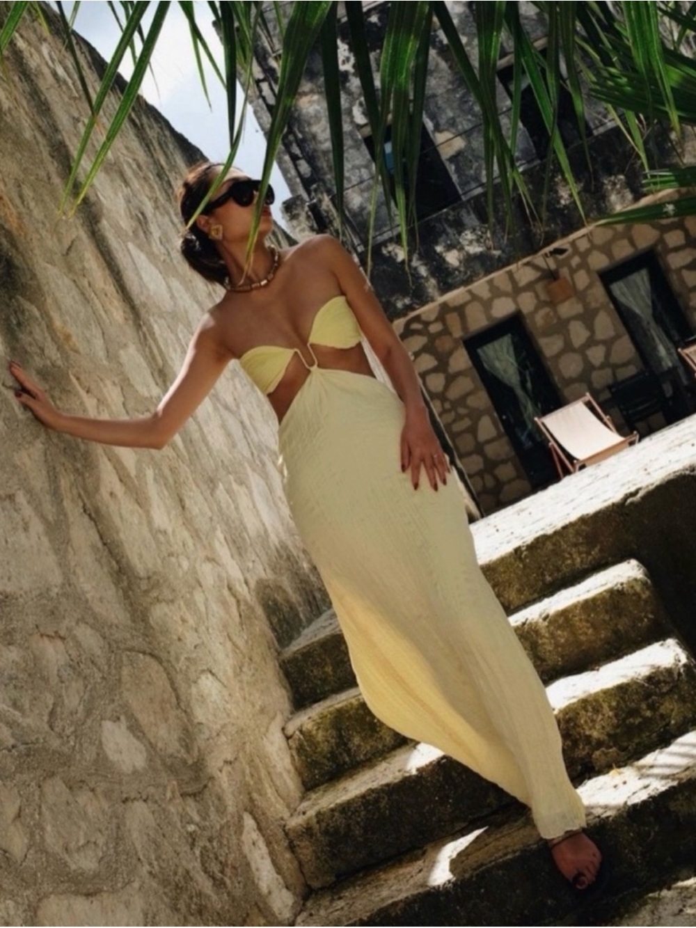 Baobab Voila Strapless Cutout Maxi Dress in Pale Yellow